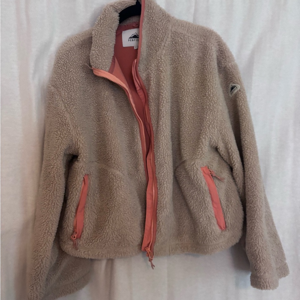 Penfield Taupe Teddy Jacket with Coral Trim